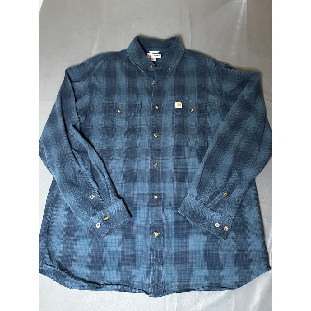 Carhartt Mens Relaxed Fit Plaid Button Down Shirt Blue Cotton‎ Size- Large
